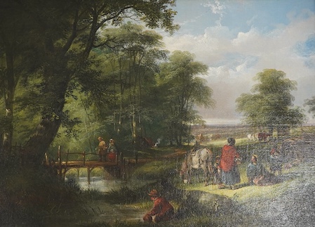 Henry and William Shayer (1825-1894 and 1826-1914), Figures with a donkey near a bridge, signed, oil on canvas, 26 x 37cm